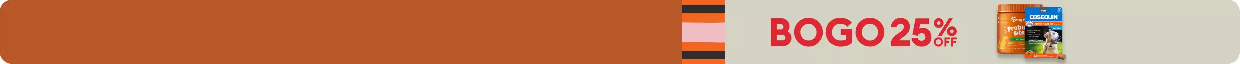 BOGO 25% OFF with Zesty Paws & Cosequin dog products on rust background with stripe accents in pumpkin, rose & black