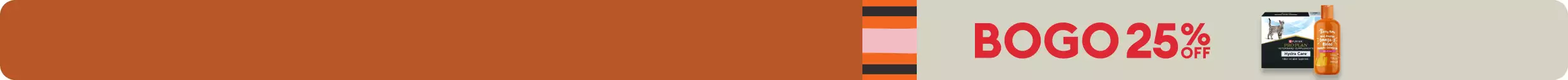 BOGO 25% OFF with Purina Pro Plan & Zesty Paws cat products on rust background with stripe accents in pumpkin, rose & black