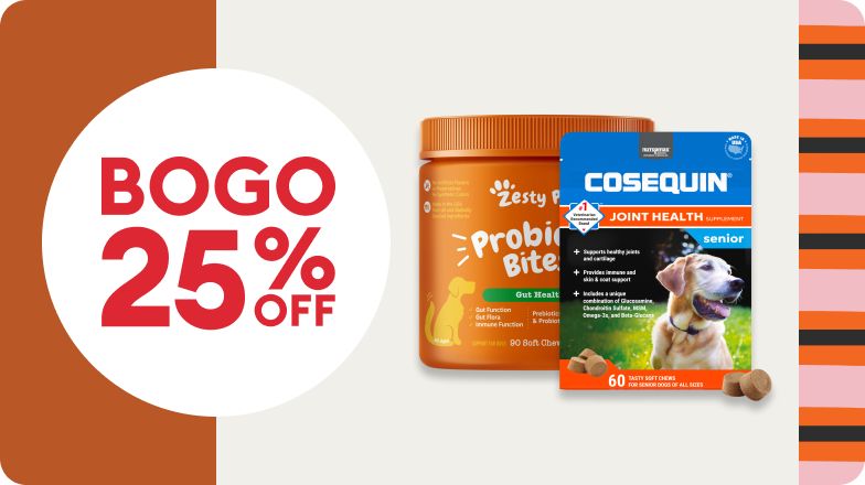 BOGO 25% OFF with Zesty Paws & Cosequin dog products on rust background with stripe accents in pumpkin, rose & black