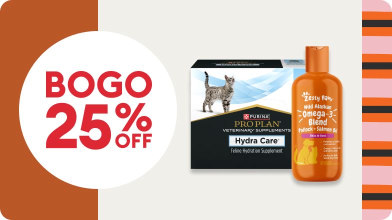 BOGO 25% OFF with Purina Pro Plan & Zesty Paws cat products on rust background with stripe accents in pumpkin, rose & black