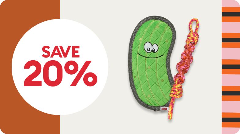 SAVE 20% shown with pickle dog toy and rose, coral, black stripes