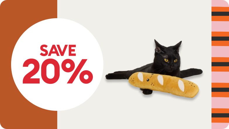 SAVE 20% shown with plush cat toy and rose, coral, black stripes