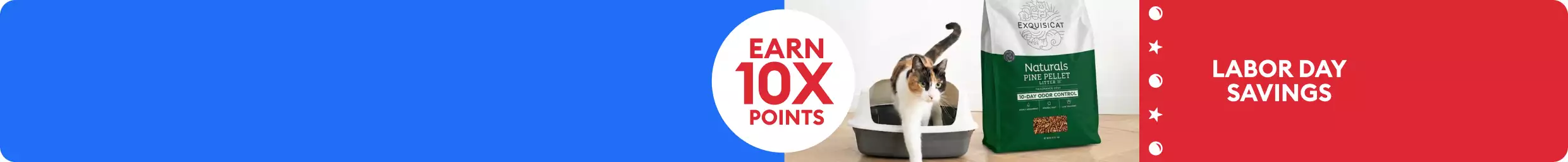 Bag of Exquisicat littter next to cat in litter box & Labor Day Savings - Earn 10X points message
