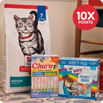 Bag of Hill's Science Diet cat food & boxes of Churu & Weruva variety packs with 10X points callout