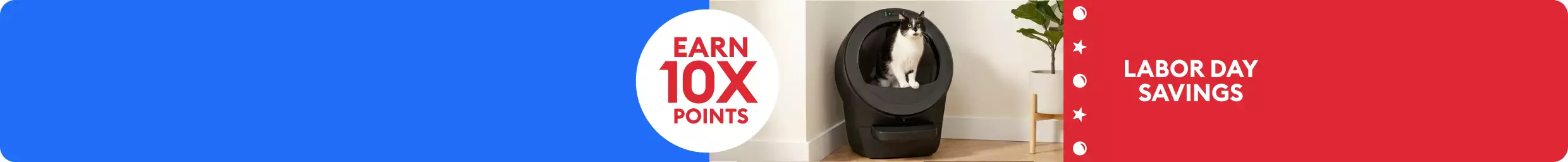 Cat in Litter-Robot litter box with Labor Day Savings - Earn 10X points message