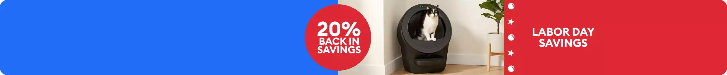 Cat in Litter-Robot litter box with Labor Day Savings - 20% back in savings message