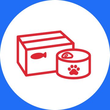 A graphic of a box with a fish on it and a can with a paw on it and an image of three cat food cans from different brands stacked