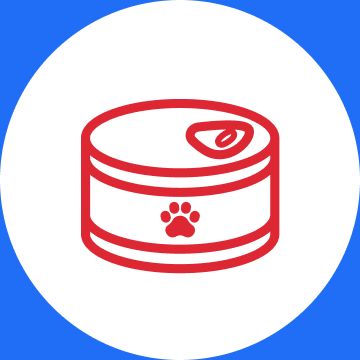 A graphic of a can with a paw on it and an image of a grey cat with its tongue out and a metal bowl
