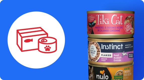 A graphic of a box with a fish on it and a can with a paw on it and an image of three cat food cans from different brands stacked