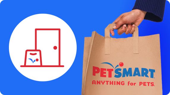A graphic of a PetSmart bag in front of a door and an image of a hand holding a PetSmart bag
