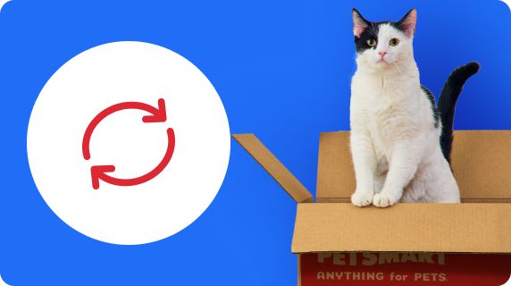 A graphic of two arrows in a loop and a black and white cat popping out of a PetSmart box