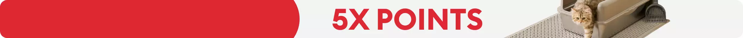 Text that reads 5X points and a cat crawling out of an enclosed litter box