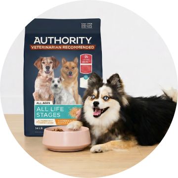 Authority dog food bag with dog & bowl