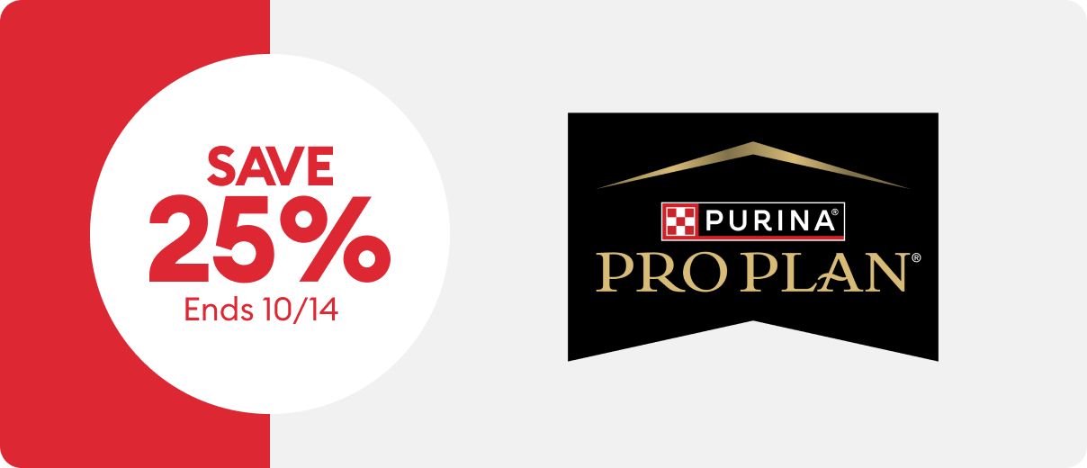 Save 25% ends 10/14 shown with Purina Pro Plan logo