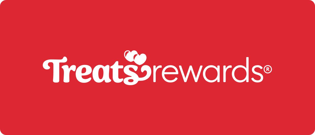 Treats Rewards in white on red background