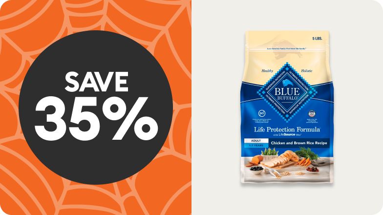 A "Save 35%" badge and a bag of Blue Buffalo dog food.