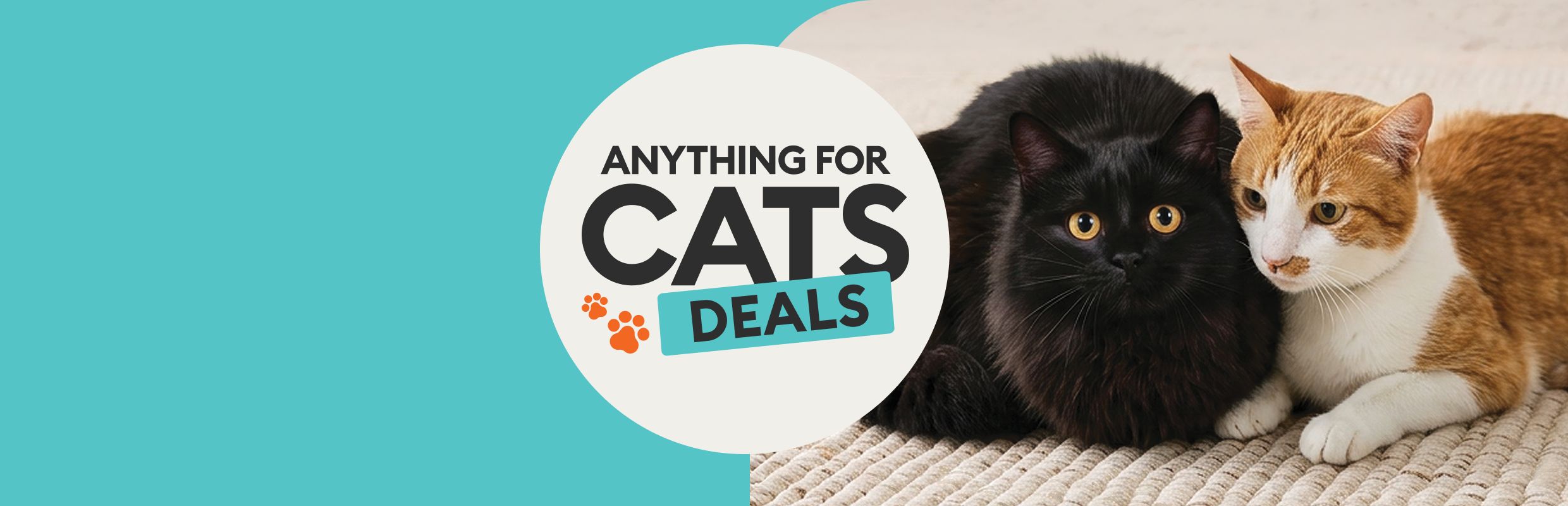 Anything for Cats Deals lockup and a black cat and white and brown cat on a rug