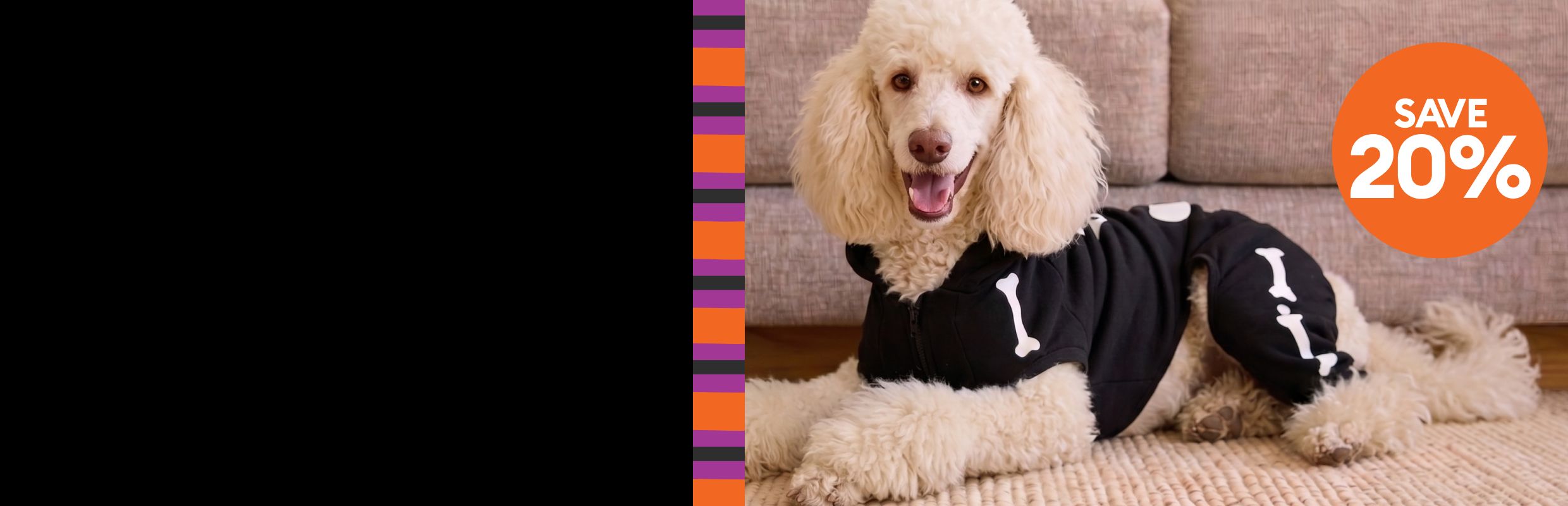 Dog wearing a skeleton costume and a save 20% callout