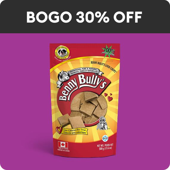 BOGO 30% OFF callout & a bag of Benny Bully's dog treats