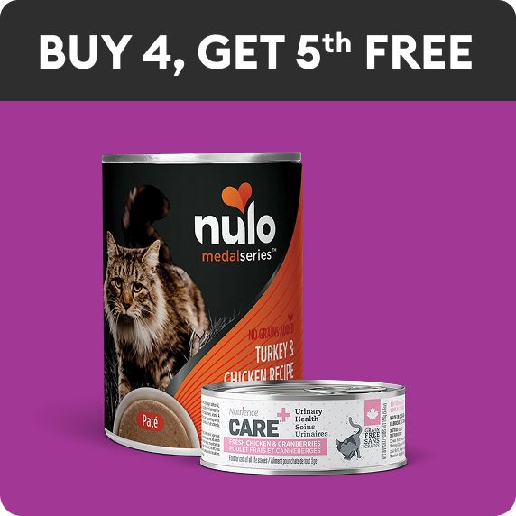 Buy 4, get 5th FREE callout, a can of Nulo cat food & a can of Nutrience Care cat food