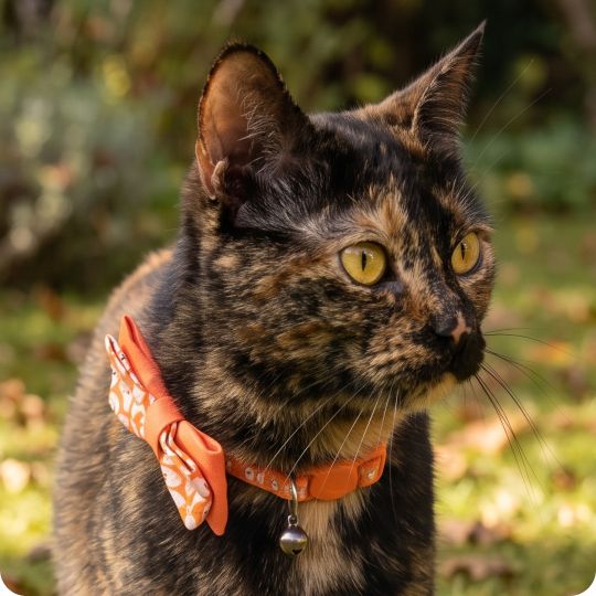 Cat outside wearing an orange Halloween collar