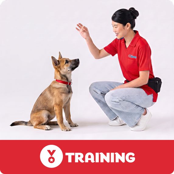Dog Training logo & a dog sitting with a PetSmart Trainer