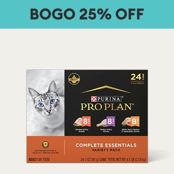BOGO 25% OFF callout & Purina Pro Plan wet cat food variety pack