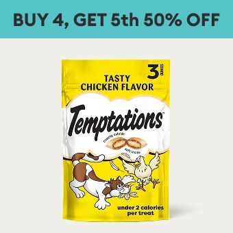 Buy 4, get 5th 50% OFF callout & Temptations cat treats