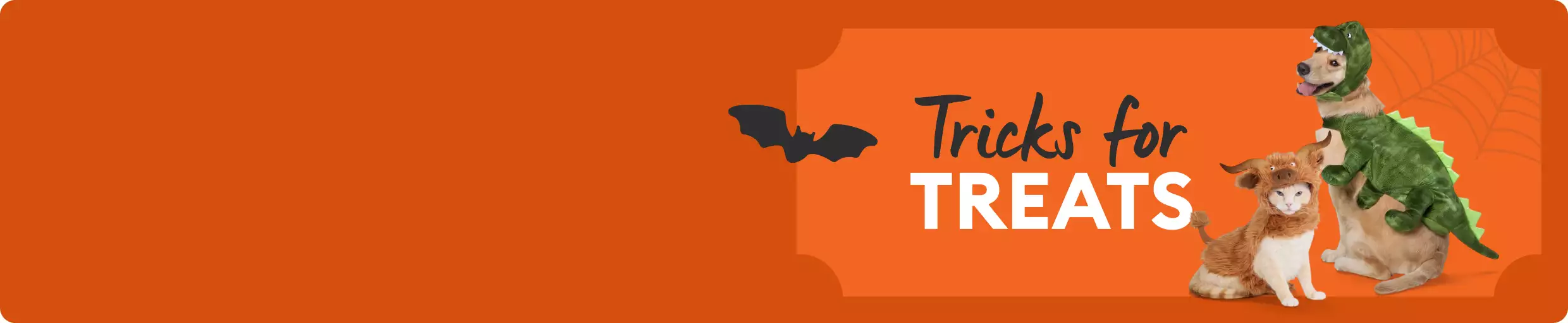 Banner featuring a dog dressed as a dinosaur & a cat wearing a lion mane costume with the headline, Tricks for Treats