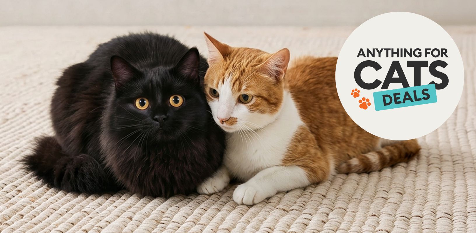 Black cat & orange & white cat shown with Anything for Cats Deals