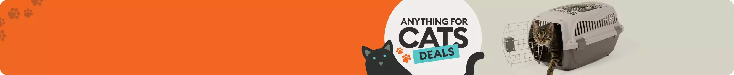 Anything for Cats Deals with Black Cat shown with tabby cat emerging from plastic carrier