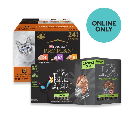 Two varieties of wet cat food packs with ONLINE ONLY