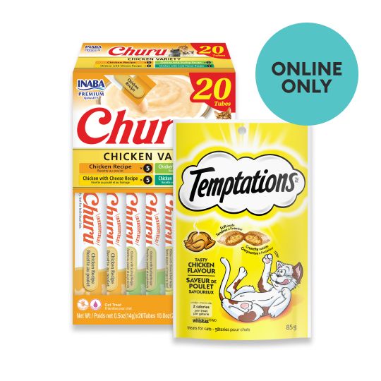 Two varieties of cat treats with ONLINE ONLY