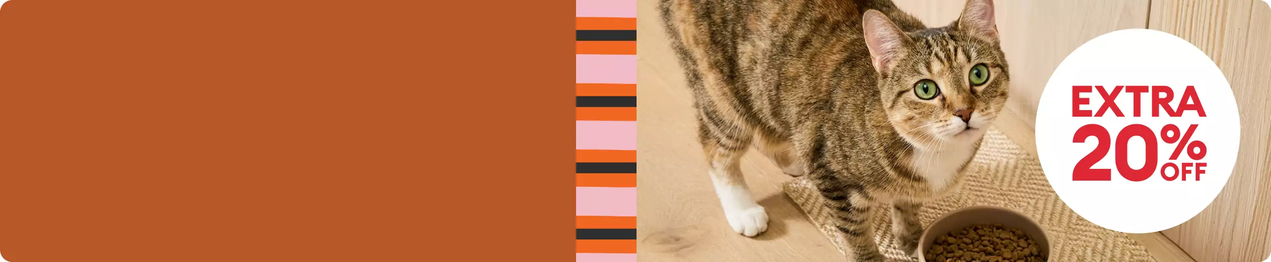 Cat standing by a bowl of food & an extra 20% off callout