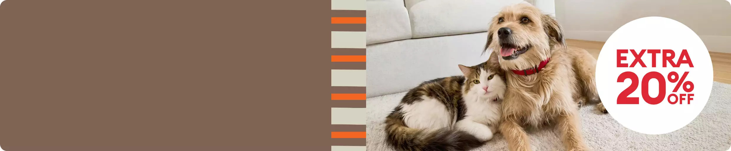 Dog & cat lying together on the floor & an extra 20% off callout