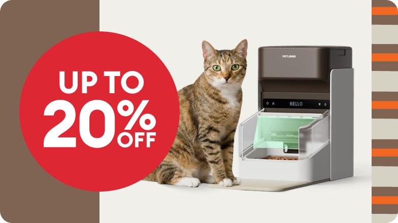 Cat standing next to a Petlibro Wifi App Controlled Automatic Pet Feeder & up to 20% off callout