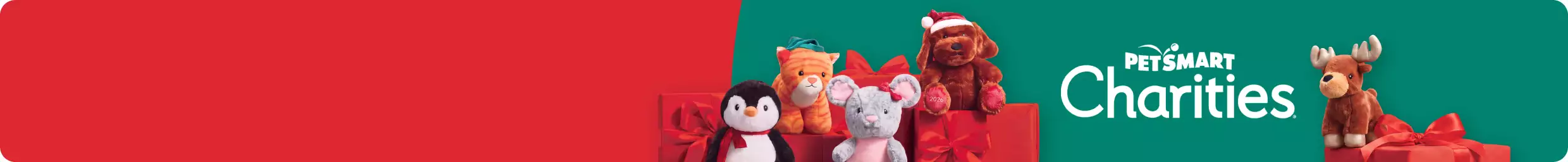 PetSmart Charities logo, Chance & Friends plush toys sitting on red present boxes