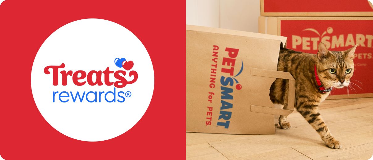 Treats Rewards logo and a cat walking out of a PetSmart shopping bag