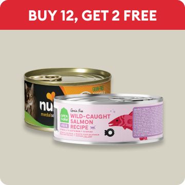 BUY 12, GET 2 FREE in red bar with 2 cans of wet cat food