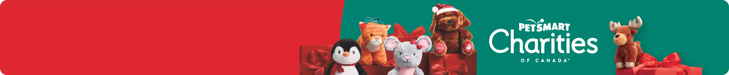 Red and green background PetSmart Charities with Stuffies