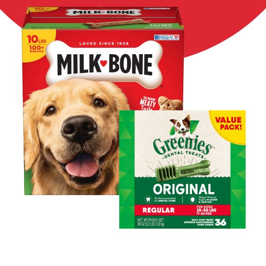 Packages of Milk-Bone treats and Greenies dental treats