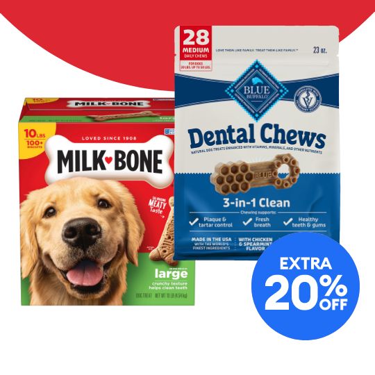 Extra 20% off callout, Milk-Bone dog treats and Blue Buffalo dental chews