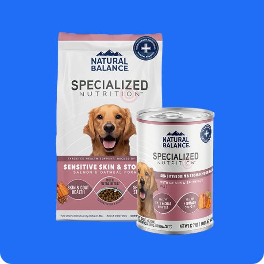 A bag and can of Natural Balance specialized nutrition dog food