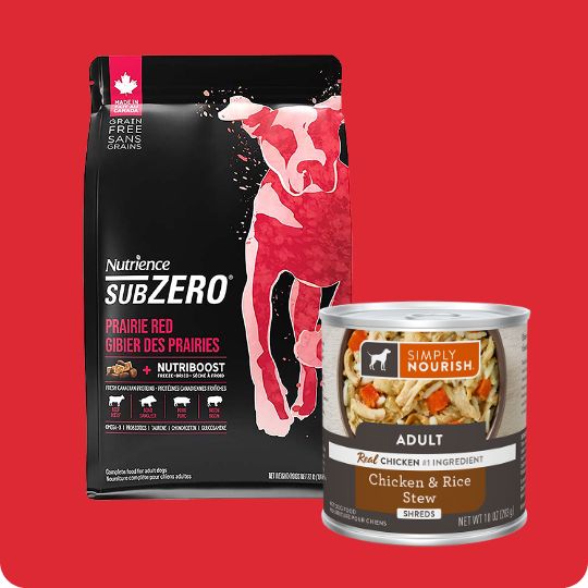 Nutrience SubZero dog food bag & Simply Nourish wet dog food				