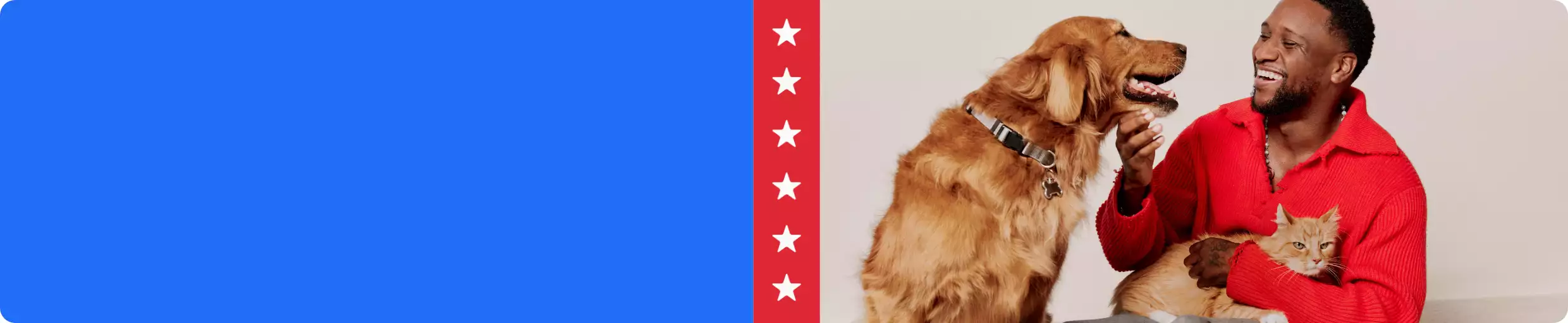 A man sitting with a dog and a cat and a red stripe with white star graphics