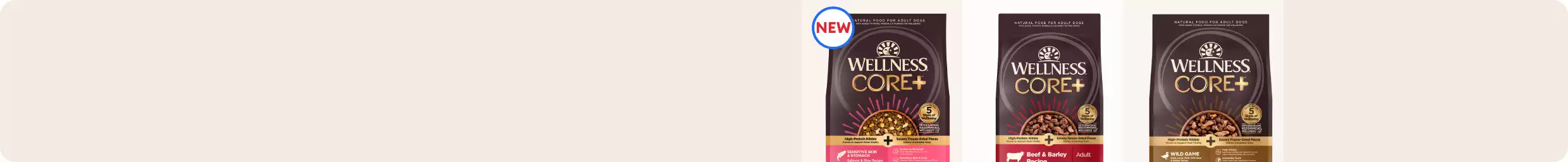 Three bags of Wellness CORE+ dog food