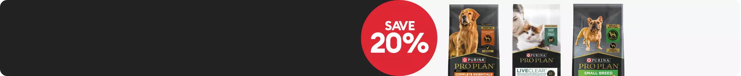 Save 20% callout and three bags of Purina Pro Plan food