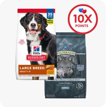 Two bags of dog food and a 10X points callout