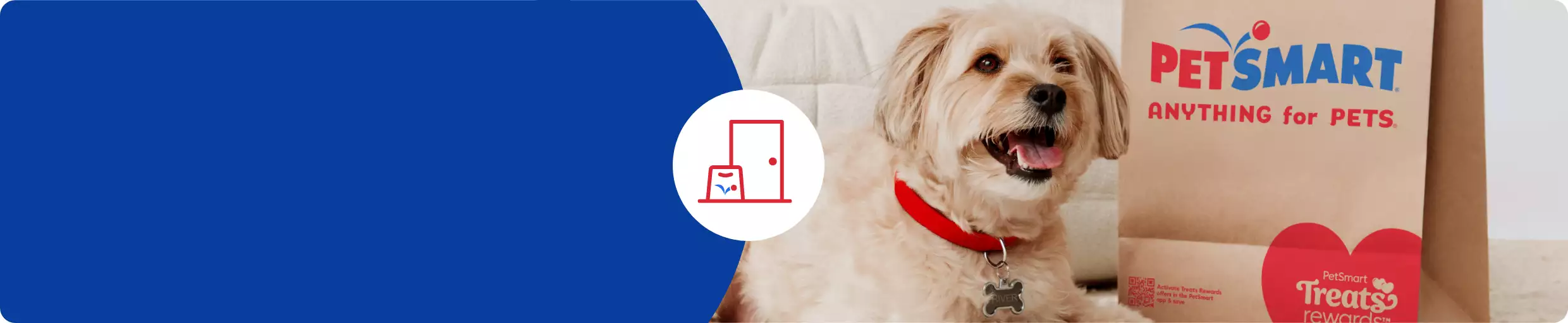 Dog laying next to a PetSmart shopping bag and a Same-Day Delivery icon
