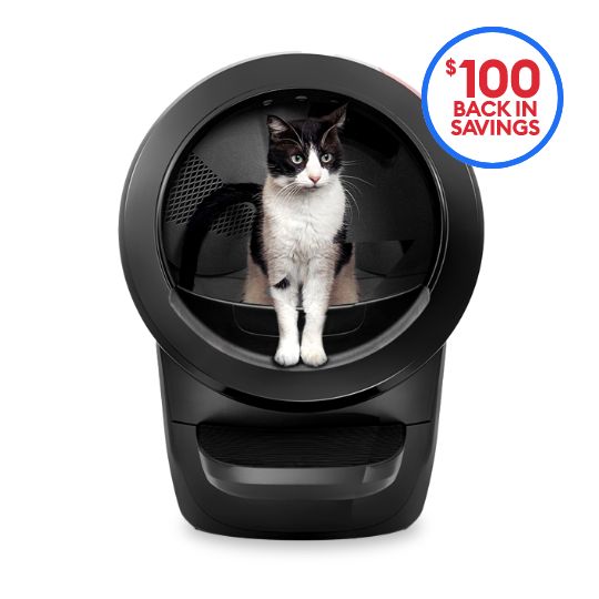 Cat standing in a Litter-Robot and $100 back in savings callout
